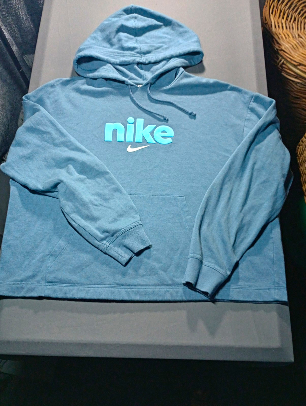 Nike Blue Logo Pullover Hoodie Fleece Pockets Cotton Blend Drawstring Men's L
